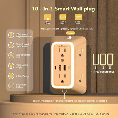 US AC Plug with Induced Light Wall Mounted Power Strip Multi-sockets Network Filter with USB Charging Network Filter Adapter
