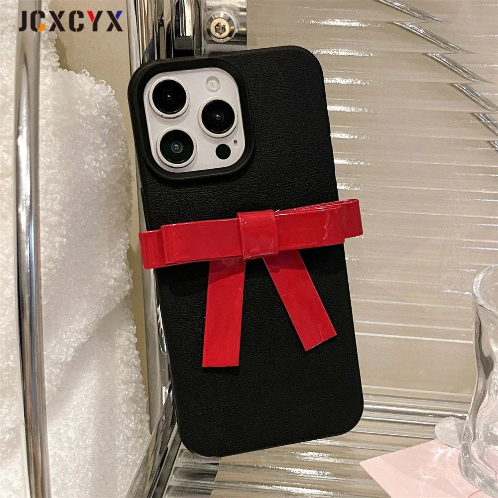 Korean Cute 3D Bowknot Lychee Leather Pattern TPU Phone Case For iphone 16 15 14 13 12 11 Pro Max 14 15 16 Plus Kawaii Cover