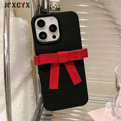 Korean Cute 3D Bowknot Lychee Leather Pattern TPU Phone Case For iphone 16 15 14 13 12 11 Pro Max 14 15 16 Plus Kawaii Cover