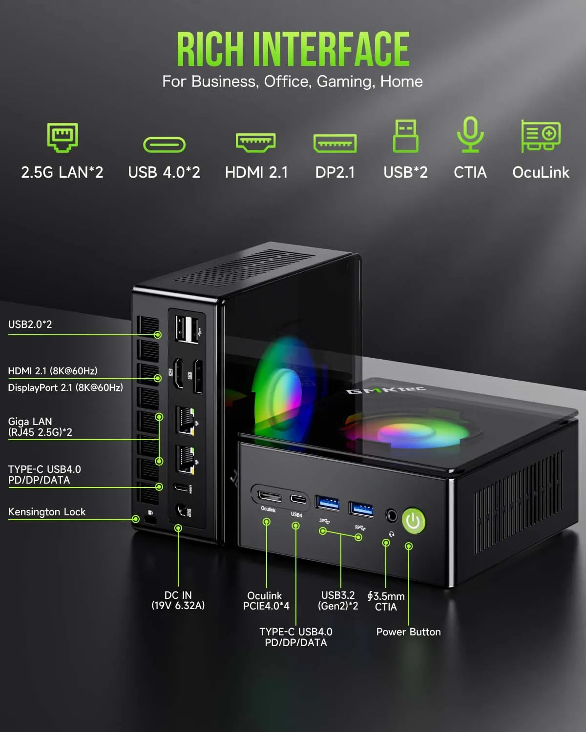 GMKtec K11 Mini PC AMD Ryzen 9 8945HS PC Gaming OCuLink DDR5 5600MHz 16GB/32GB RAM 512GB/1TB SSD Barebone USB4 Dual 2.5G LAN