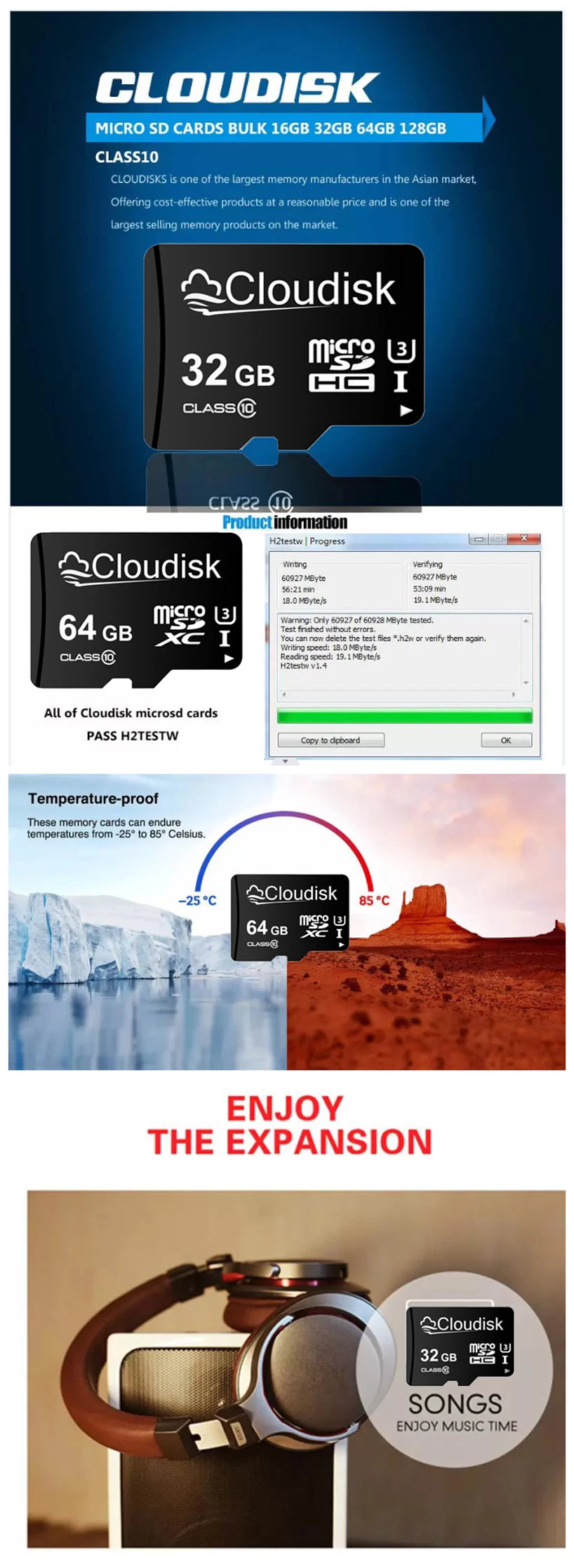 Cloudisk Micro SD Memory Card U3 128GB 64GB 32GB 256GB V30 C10 16GB 8GB 4GB 2GB 1GB A1 Microsd Cards For Phone Tablet