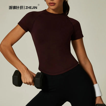 ZHEJIN Seamless Sports T-shirt Women Slim Fit Gym Workout Top Short Sleeve Yoga Shirt Curved Hem Breathable Athletic Sportswear