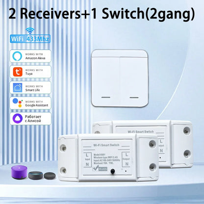 Tuya WIFI Switch 433MHz Smart Home Automation Relay Module 1/2/3 Gang Wireless Wall Switch Home Control Works with Alexa Google