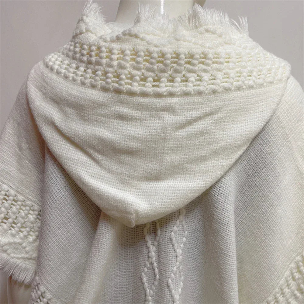 Women Knitted Cape Shawl Wrap Cloak Ethnic Hooded Poncho Hoody Jumper Sweater Tassels Dropshipping