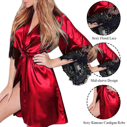 Women Night Gown Robe with G String Floral Lace Bathrobe Halt Sleeve Nightdress Female French Sexy Silky Satin Sleepwear