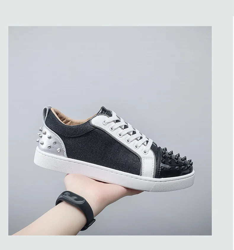 New Fashion Silver Trainers Glitter Spiky Shoes Men Lace Up Sneakers Low Top Shoes Red Sole Man Designer Sneaker With Spikes