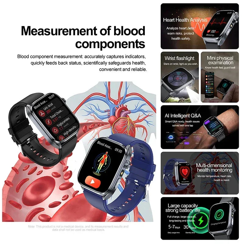 New Uric Acid Blood Lipids AI-GPT ECG Smartwatch Micro Physical Examination Body Analysis Men BT Call LED Flashlight Smartwatch