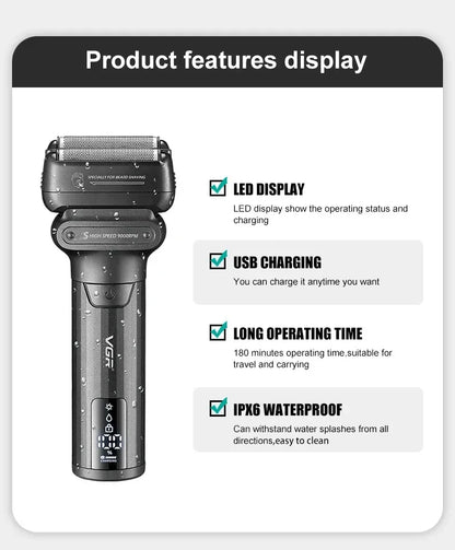 VGR Electric Shaver Professional Shaving Machine 9000 RPM Beard Trimmer LED Display Reciprocating Shaving Machine for Men V-368