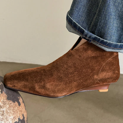 Women's natural suede leather pointed toe back zip kitten heel autumn ankle boots elegant ladies short booties shoes for woman