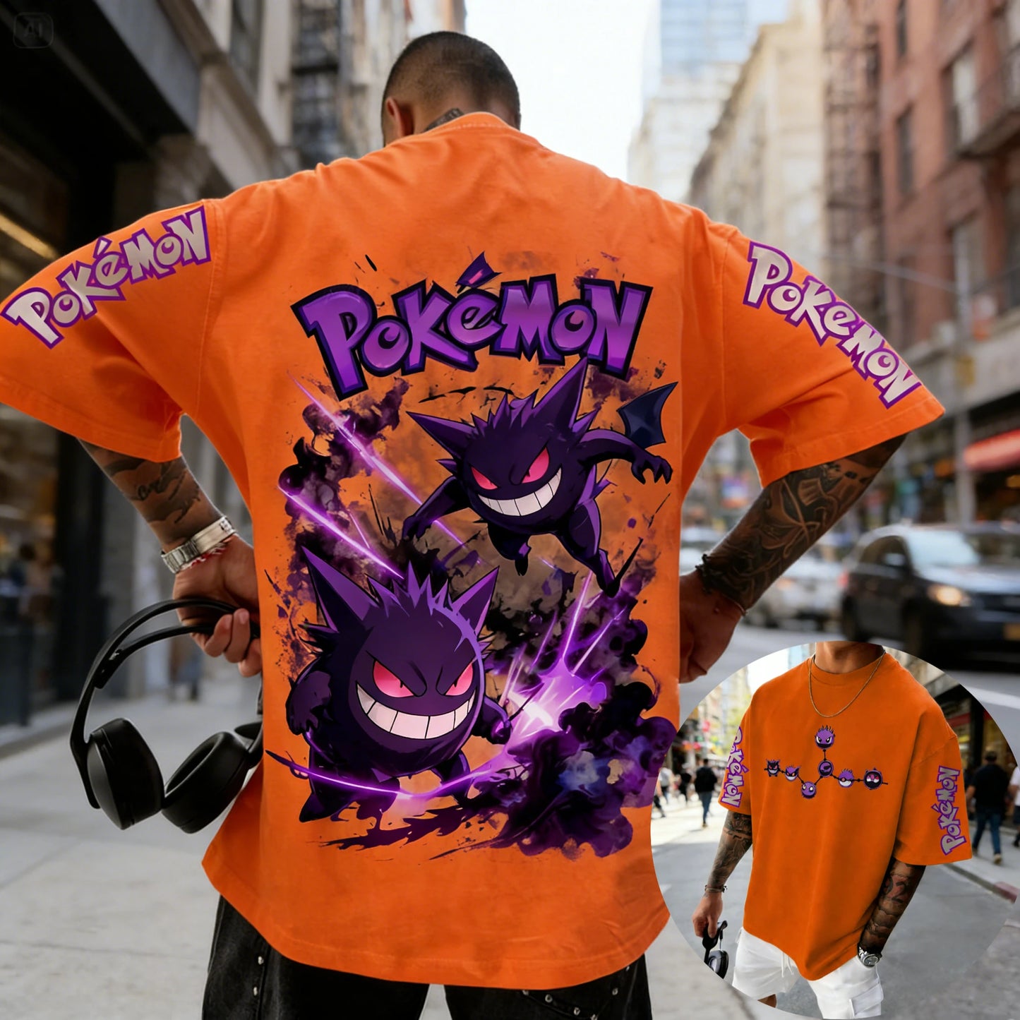 Men's T Shirt Sports T Shirt Short Sleeve T Shirt Purple Gengar Back Print Red Eyes Sharp Teeth with Smoke Sleeve Patterns
