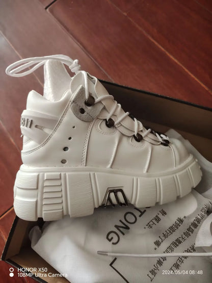 2025 Celebrity Inspired Heavy Metal Platform High-Top Shoes Women Punk Small Leather Shoes Gothic Dark Motorcycle Boots Fashion
