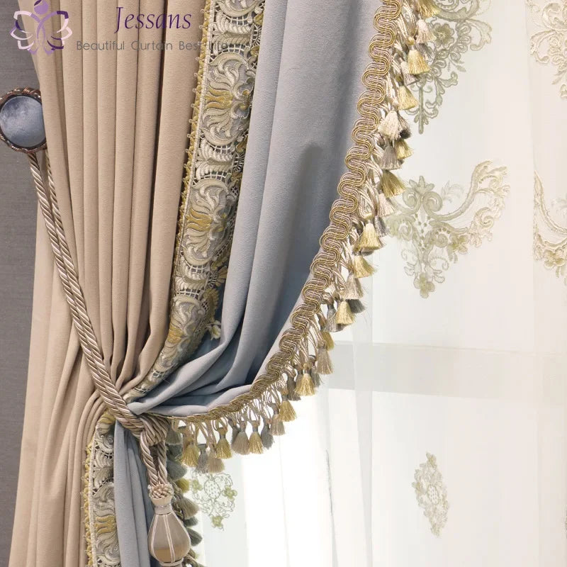 2025 Custom Curtain New Modern Luxury European Thick Velvet Embroidery Yarn Cloth Blackout Curtain for Living Room Bedroom