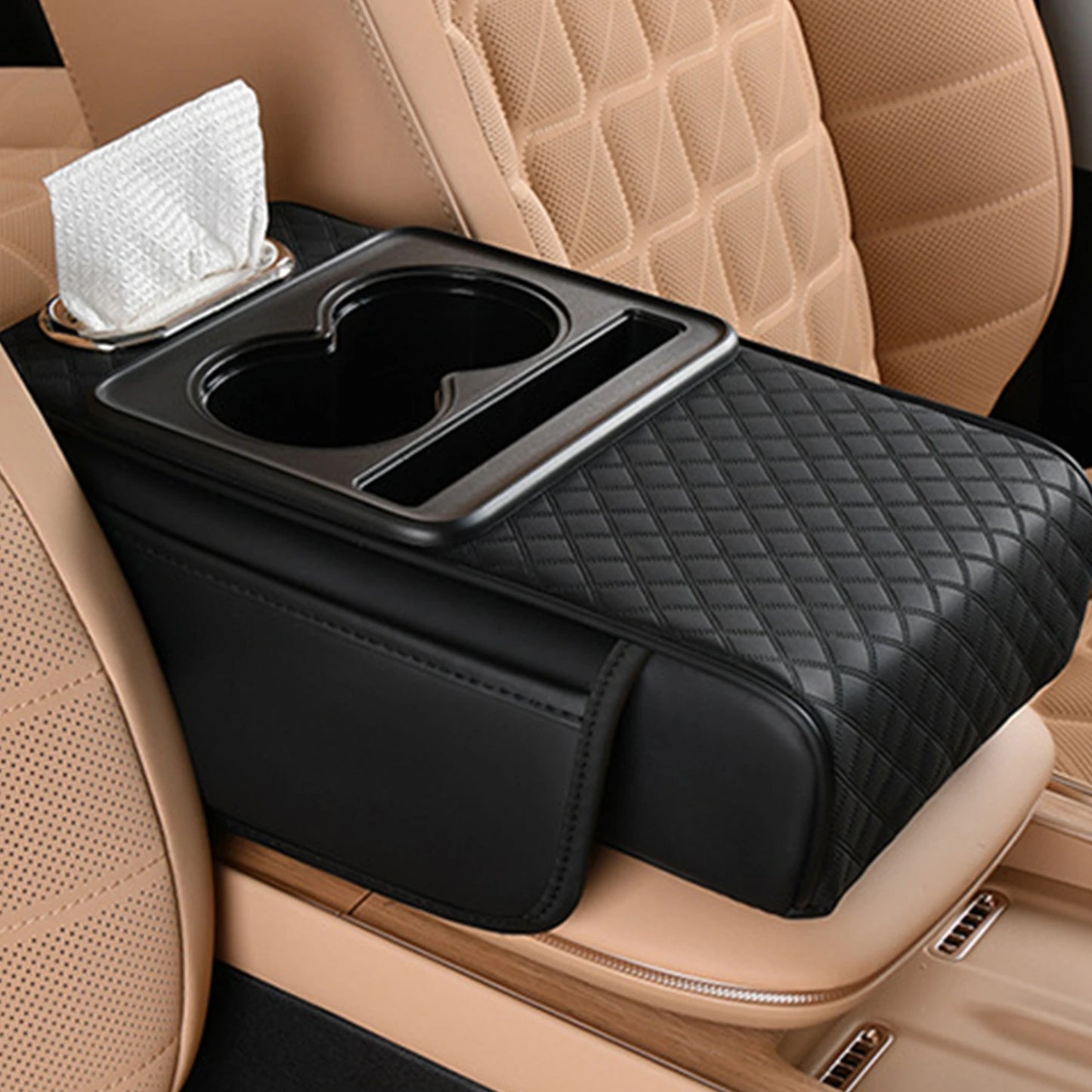 Car Armrest Box Heightening Cushion With Cup Holder Tissue Box Side Storage Pocket For Auto Interior Arm Rest Cover Height Pad