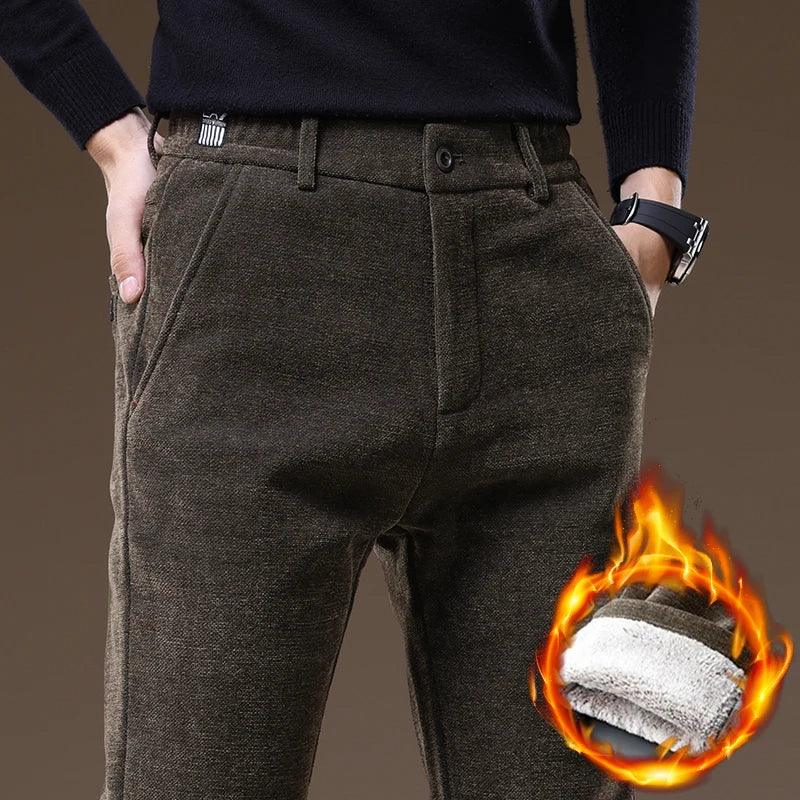 Casual Pants Men Winter New Fleece Business Elastic Waist Slim Korean Warm Thick Brushed Plush Trousers Male 28-38