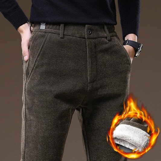 Casual Pants Men Winter New Fleece Business Elastic Waist Slim Korean Warm Thick Brushed Plush Trousers Male 28-38