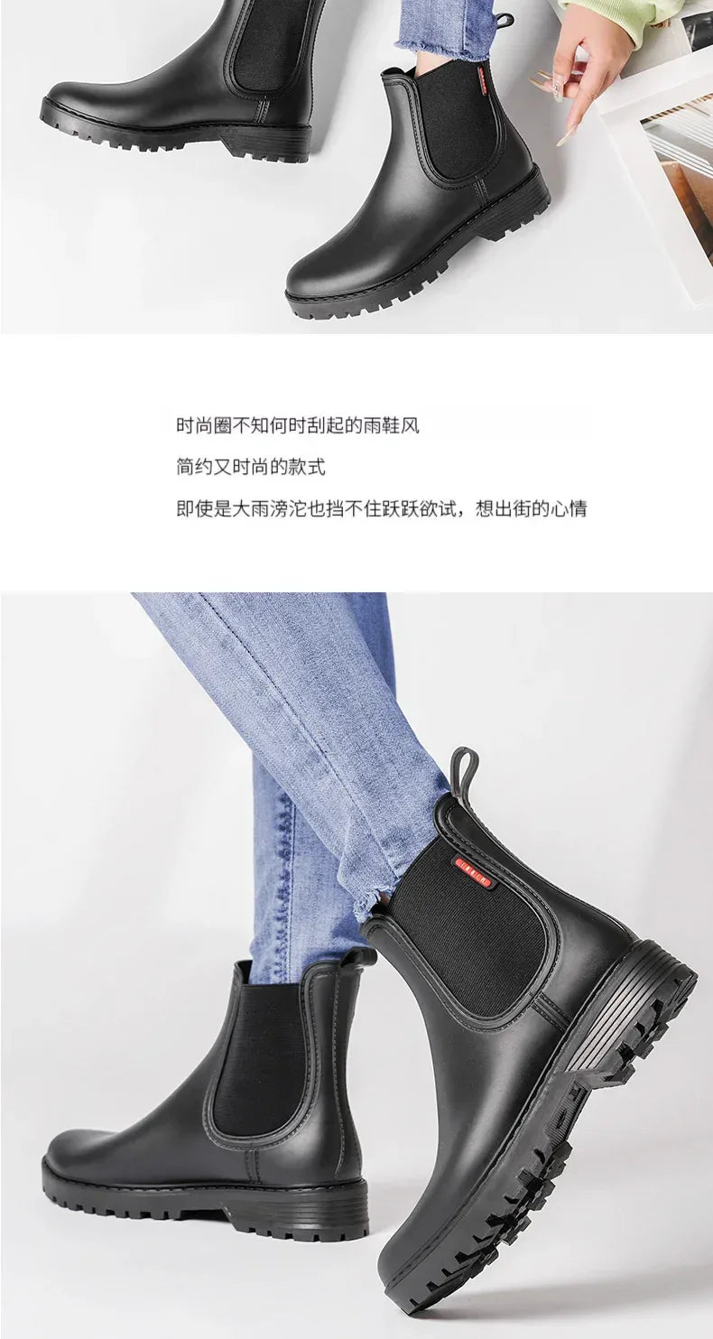 Women's short tube anti slip rain shoes, lightweight waterproof water shoes, fashionable Chelsea rain boots, PVC one-time moldin