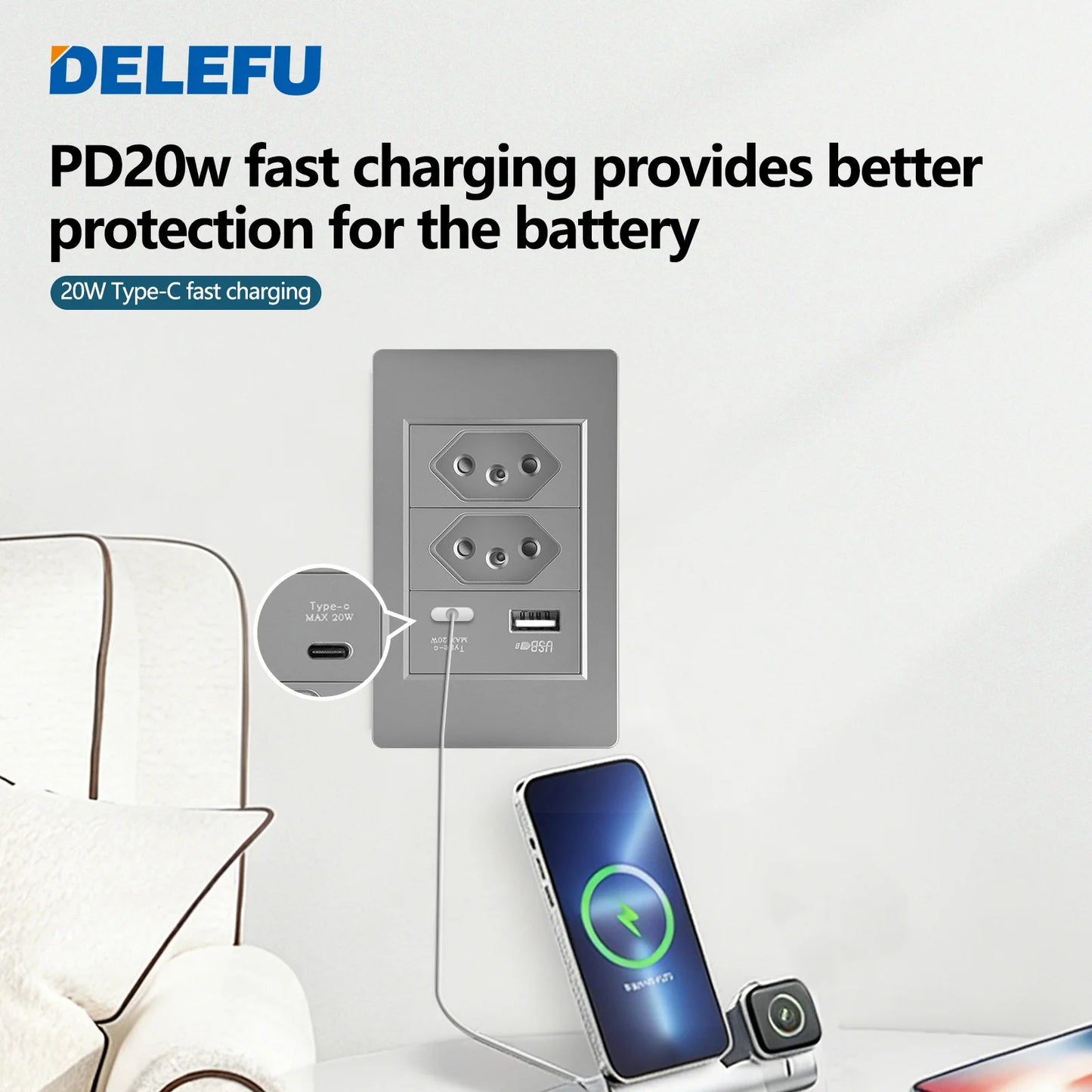 DELEFU Grey PC Panel Brazil Standard Wall Power Socket Double USB Type C Outlet Light Switch Home Office Electrical Plug 10A 20A