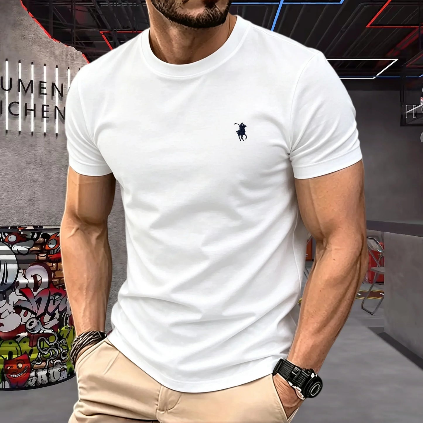 100% pure cotton 2026 high-end brand men's short sleeved round neck top summer fashion luxury pony embroidery top sports T-shirt