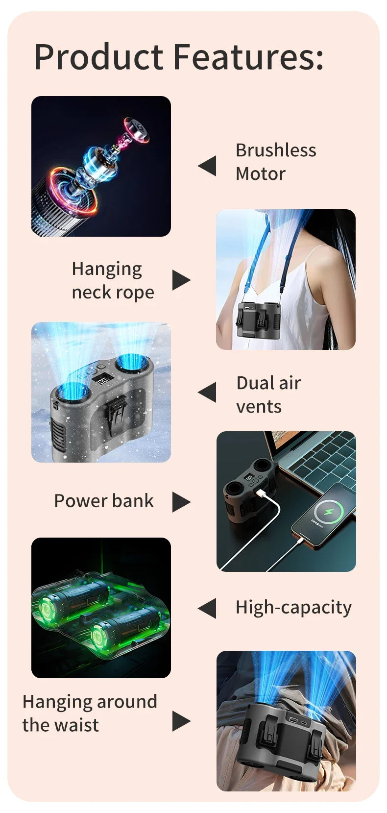Portable Waist Clip Fan Small USB Charging Hanging Fan with LED Flashlight Outdoor Single/dual Air Outlet Fan 20000/10000Mah