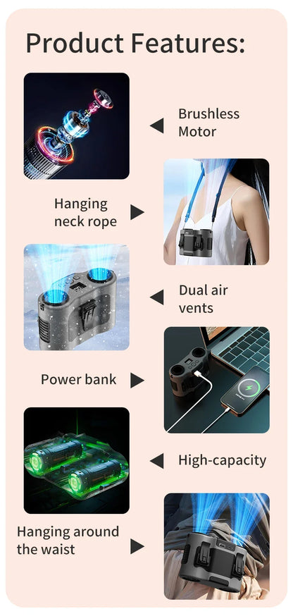 Portable Waist Clip Fan Small USB Charging Hanging Fan with LED Flashlight Outdoor Single/dual Air Outlet Fan 20000/10000Mah