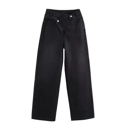 HH Women Trendy Cross Waist Wide Leg Jeans Asymmetrical Button Fly High Waist Baggy Denim Pants For Streetwear Y2K Outfits