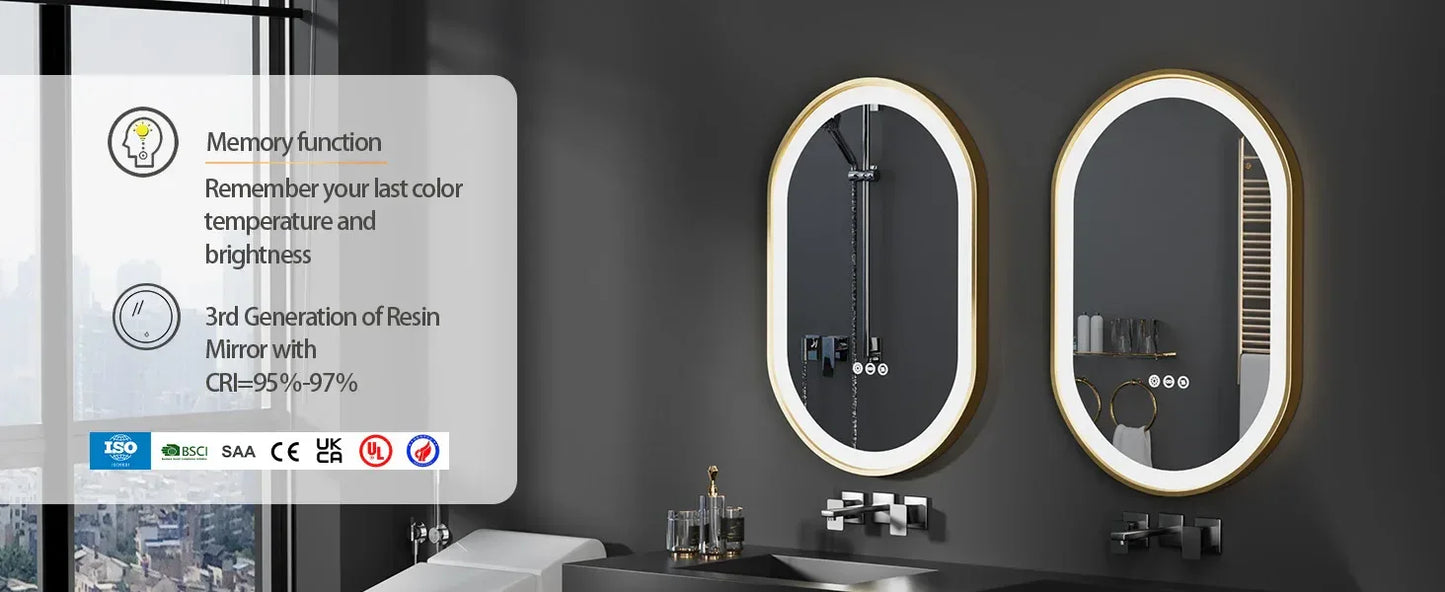 LED Bathroom Mirror Oval Illuminated Wall Mirror Aluminum Gold Frame Memory Anti-fog 3 Changeable Color, IP56 800/1000/1200MM