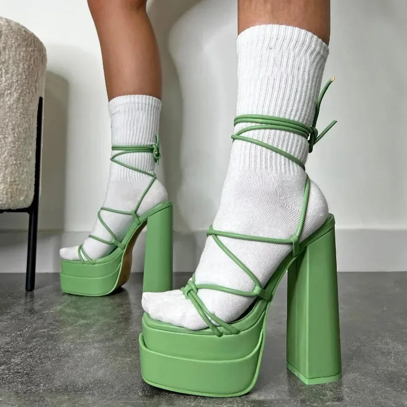 Women Sandals Brand New Sexy Chunky High Heels Pumps Platform Dress Shoes Party Wedding Shoes Cross Lace Up Female Sandals 2025