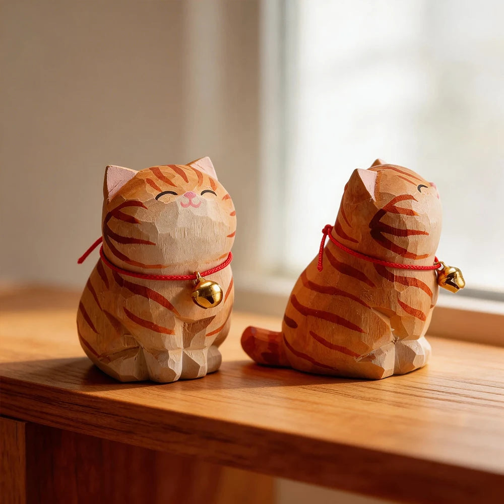 Cute Cat Animals Figurine Decorative Wooden  Ornament Kitten Statue Calico Golden gradient cat Home Office Desk Car Decor Gift