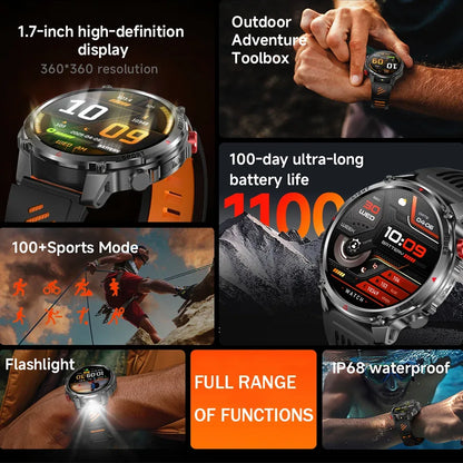 2026 Edition Military Outdoor Sports Smartwatch 1.7-inch AMOLED screen 1100 mAh battery LED flashlight Bluetooth call Waterproof
