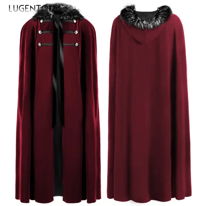 Cape punk vintage pour homme, style décontracté, col en fourrure, à capuche, idéale pour Halloween, costume médiéval, Renaissance, automne/hiver, manteau long