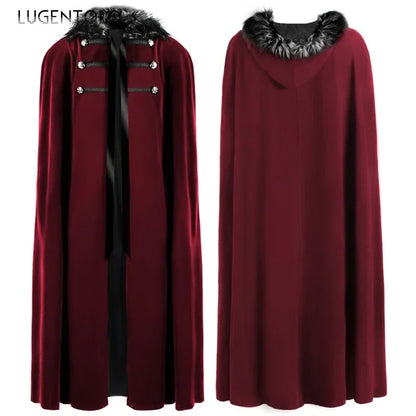 Cape punk vintage pour homme, style décontracté, col en fourrure, à capuche, idéale pour Halloween, costume médiéval, Renaissance, automne/hiver, manteau long