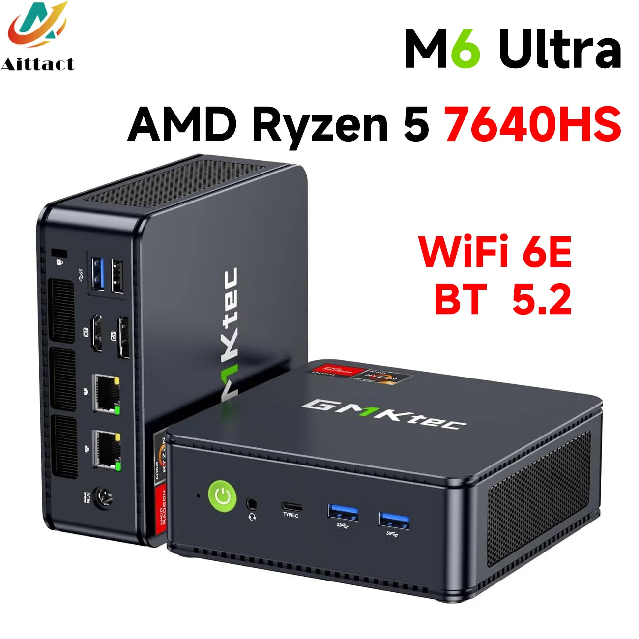 AittactXGMKtec M6 Ultra AMD Ryzen 5 7640HS Mini PC DDR5 M.2 SSD Windows 11 Pro WiFi 6E BT5.2 2.5G LAN Desktop Gaming Office PC