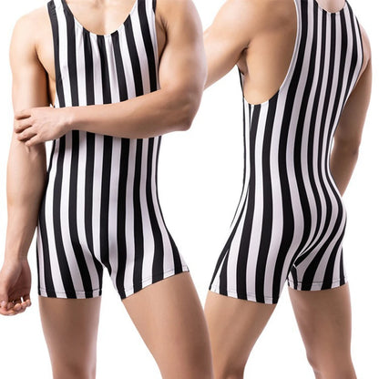 Mens Sexy Vertical Striped Sleeveless Fitness Bodysuit Thin Breathable Boxers Underwear Jumpsuits Sports Tight Pajamas Sleepwear
