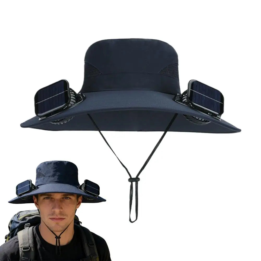 Solar Fan Hat for Men Women, Wide Brim Sun Protection Hat with Dual Solar Fans, 2-in-1 Hands-Free Cooling Cap for Hiking & Work