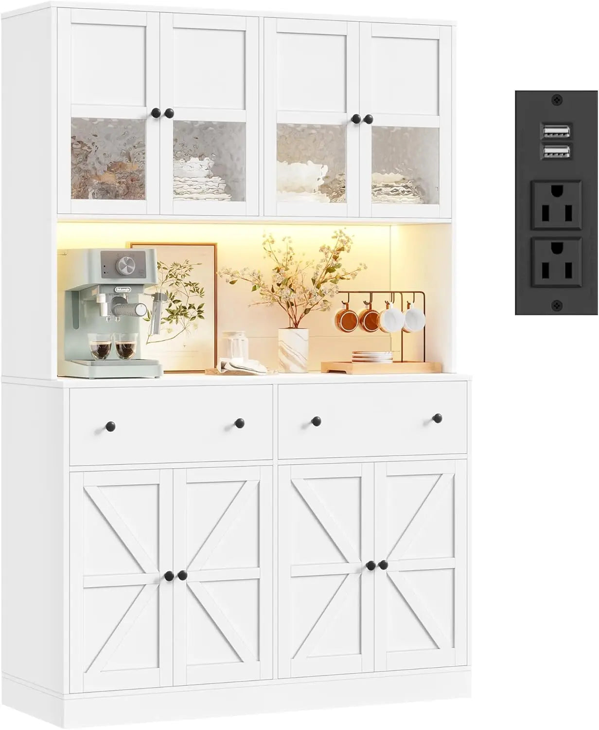 71 Inch Pantry with LED Light and Charging Station, Farmhouse Kitchen Pantry with Microwave Mount, 47.2 Inch Wide Kitchen Pantry