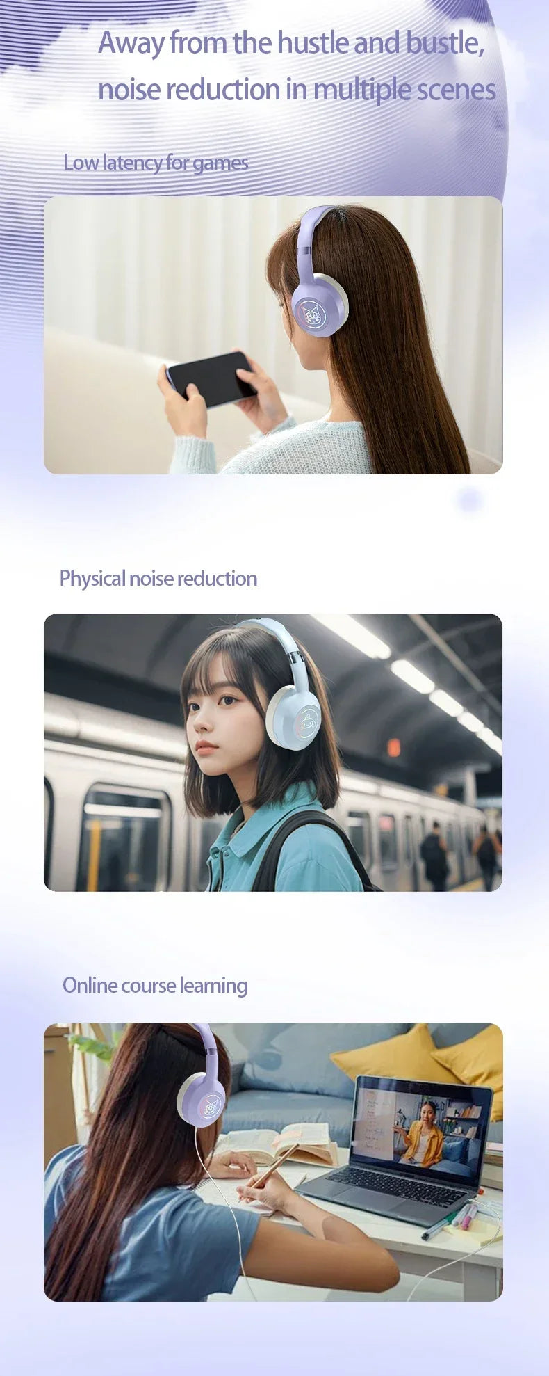 Sanrio Kuromi Bluetooth Headphones Cute My Melody Wireless Earphones Stereo Sound Noise Reduction Earbuds Anime Cartoon Gifts
