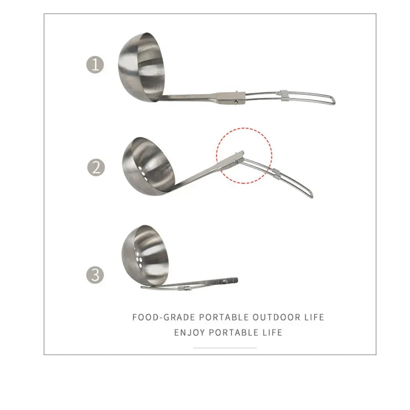 Outdoor Camping Portable Foldable Stainless Steel Colander Soup Ladle Picnic Tableware Folding Spoon Baking Tableware