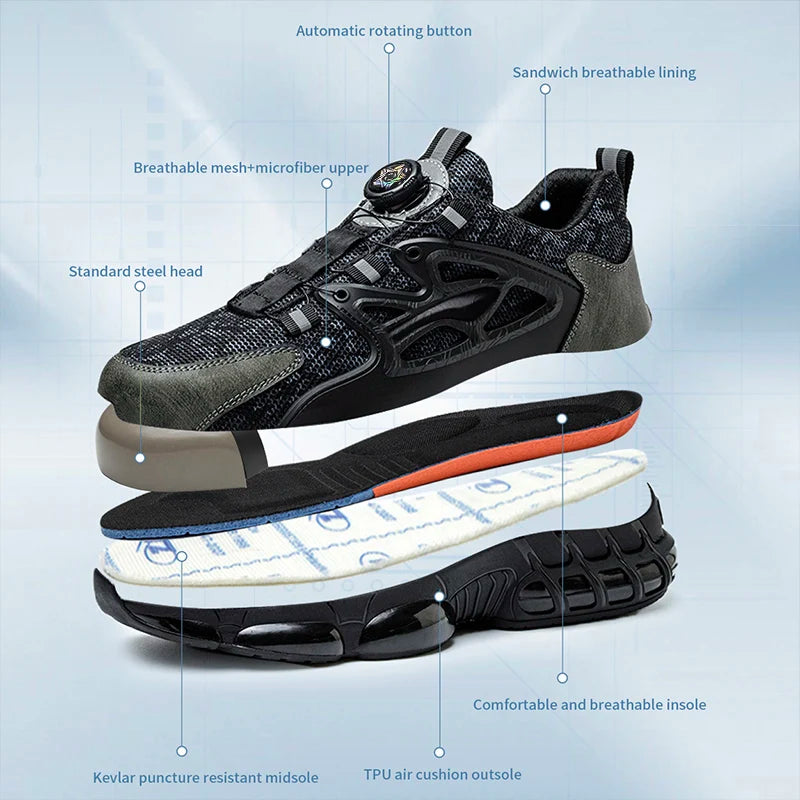Rotating Button Protective Safety Shoes Men Steel Toe Sneakers Air Cushion Work Shoes Man Puncture Proof Work Safety Boots