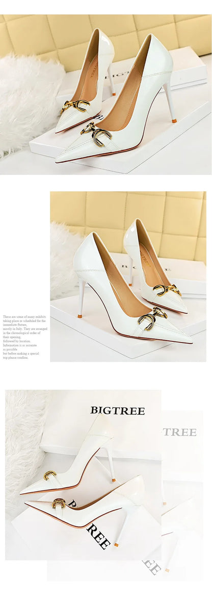 Luxury Design Women 10cm High Heels Metal Buckle Green Pumps Lady Plus Size Wedding Stiletto Heels Party Nude Replica Prom Shoes