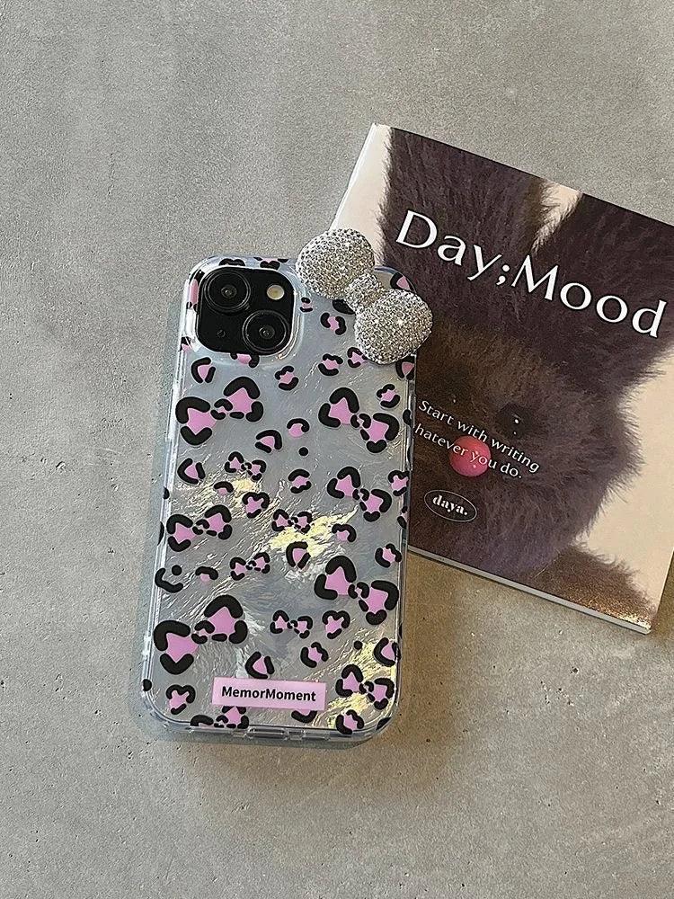 Sexy Leopard Diamond Bowknot Lustre Lining Phone Case for OPPO A18 A17 A16 A15 A38 A58 A78 A94 A74 A54 A57 A77 A53 A3X A40 A60
