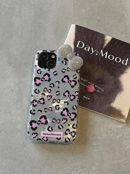 Sexy Leopard Diamond Bowknot Lustre Lining Phone Case for OPPO A18 A17 A16 A15 A38 A58 A78 A94 A74 A54 A57 A77 A53 A3X A40 A60