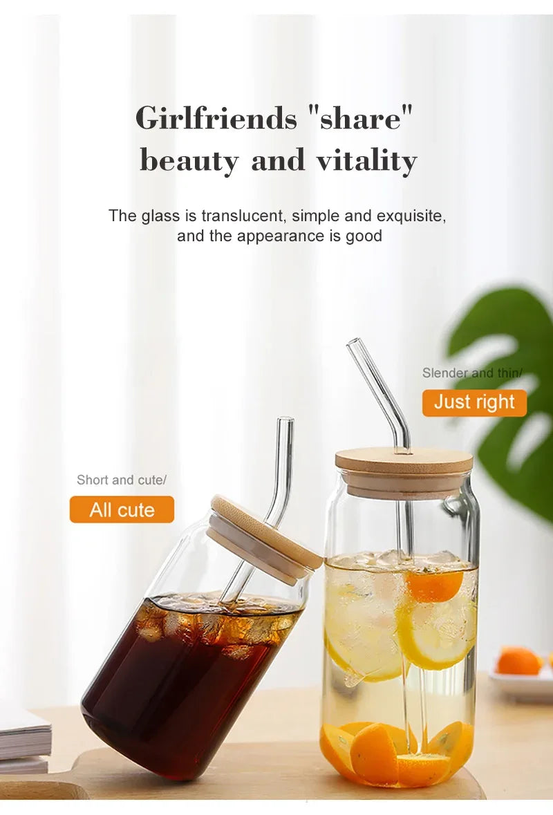 Glass Cup With Straw and Bamboo Lid Transparent Bubble Tea Cup Cold Drinking Glasses Iced Coffee Mug Beer Can Juice Milk Cup