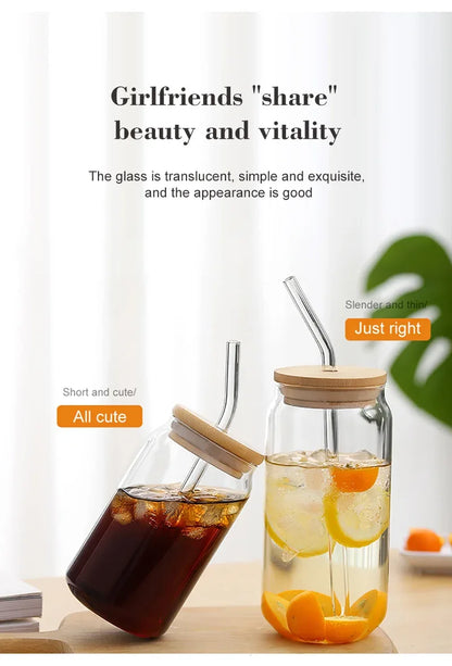 Glass Cup With Straw and Bamboo Lid Transparent Bubble Tea Cup Cold Drinking Glasses Iced Coffee Mug Beer Can Juice Milk Cup