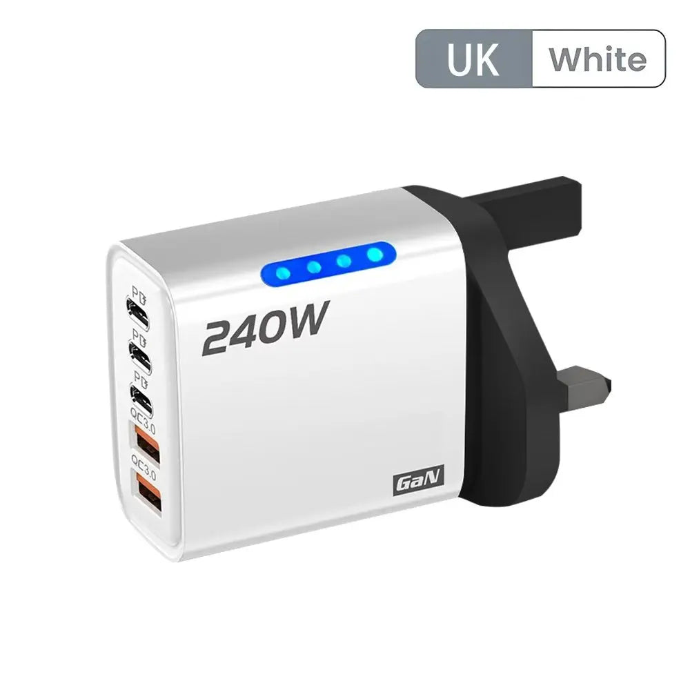 Total 240W Power GaN Charger 5 in 1 Fast Charging Charger PD Adapter For iPhone Samsung Xiaomi Huawei Laptop Tablet 2USB 3C
