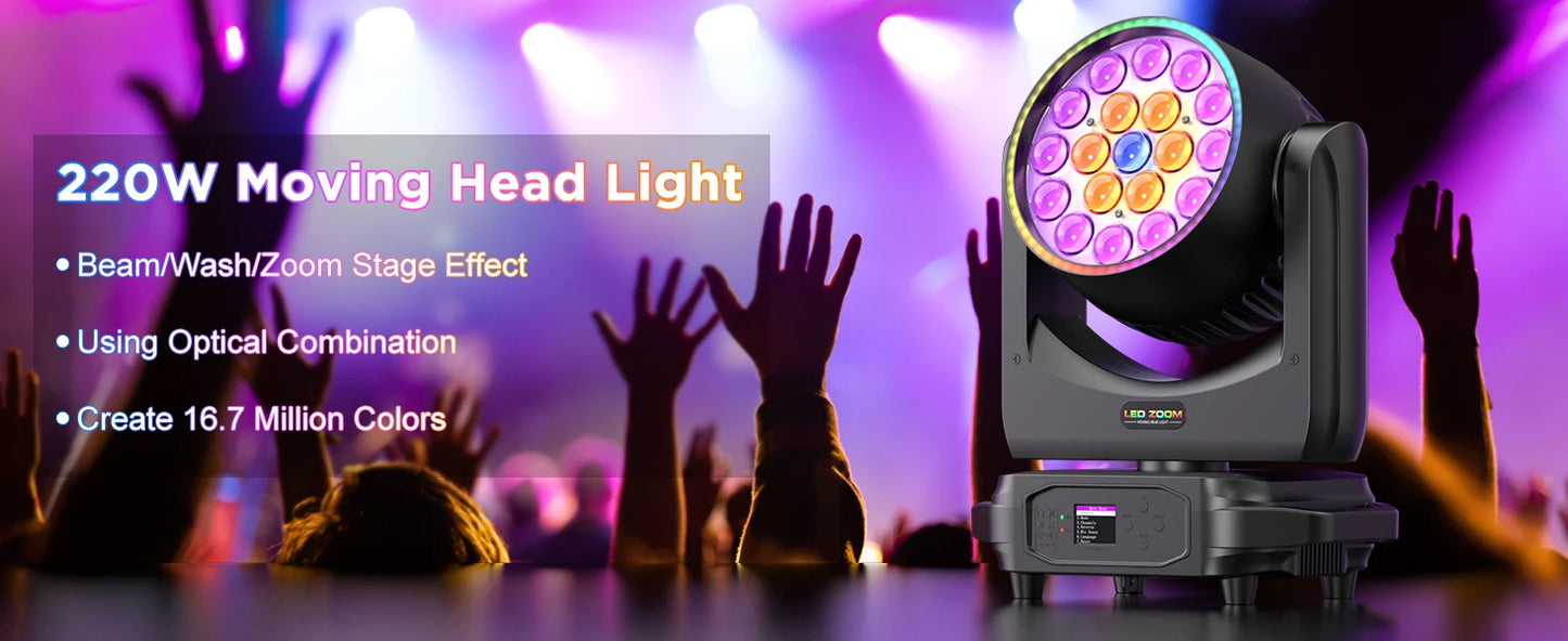 U'King 2Pcs 220W Beam Wash Zoom Moving Head Lights With Light Strip19X15W RGBW LED Stage Light DMX512 DJ Light For KTV Bar Party