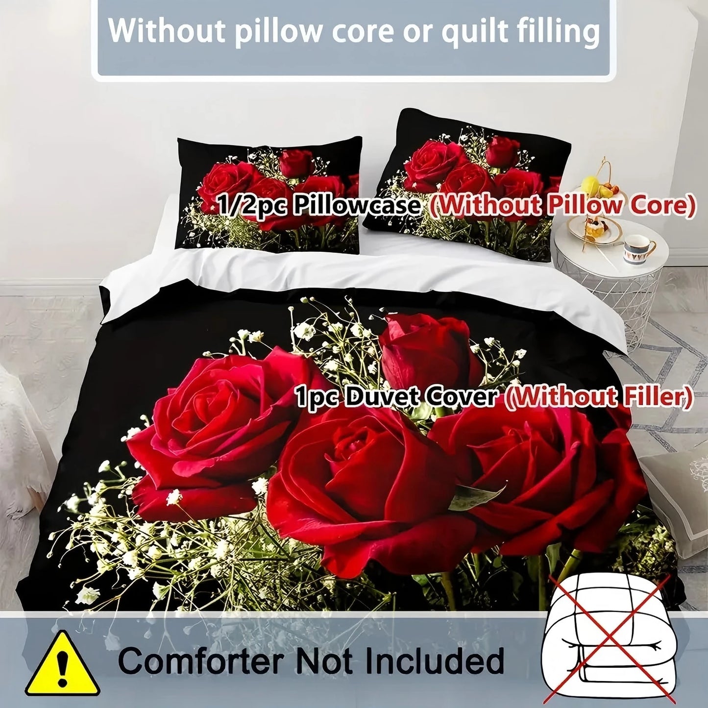 Red Roses 3D Printed Duvet Cover Valentine's Day theme Bedding set Soft Comfortable Luxury Couple style Quilt Cover Pillowcase