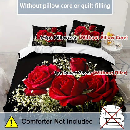 Red Roses 3D Printed Duvet Cover Valentine's Day theme Bedding set Soft Comfortable Luxury Couple style Quilt Cover Pillowcase