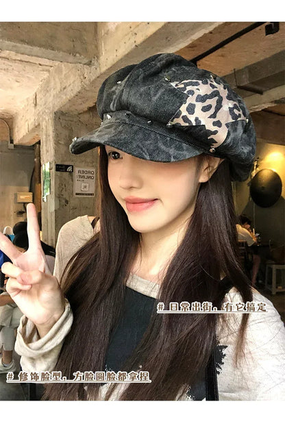 American Punk Style Rivet Star Design Octagonal Hats for Women Spring and Autumn Casual Versatile Retro Washed Denim Berets Cap