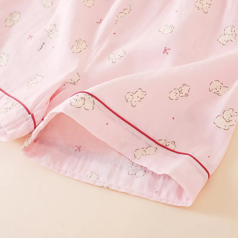 Summer Women Pajamas 3 Pieces Set 100% Gauze Cotton Female Sleepwear Bedroom Set Short sleeved long pants + shorts Woman Piiama