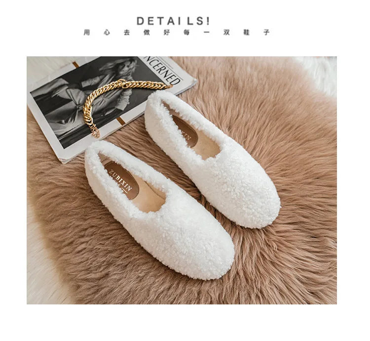 Big Size 43 Women Lambswool Slippers Winter Sheep Fur Shoes Ladies Flat Cotton Slides Home Pantuflas Daily Slip On Furry Mules